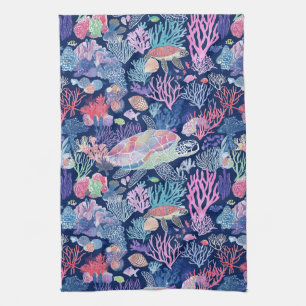 Chic turtle corals tea towel