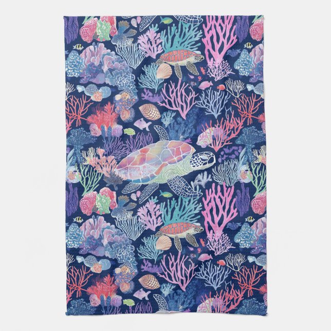 Chic turtle corals tea towel (Vertical)
