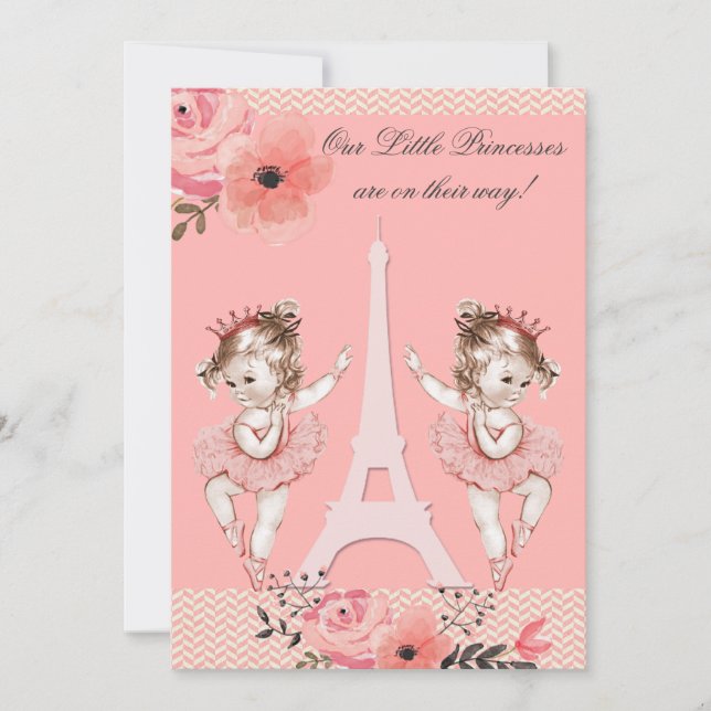 Chic Twin Ballerinas Floral Paris Baby Shower Invitation (Front)