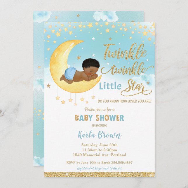 Chic Twinkle Little Star African Baby Shower Boy  Invitation (Front/Back)