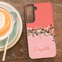 Chic Two Tone Coral Add A Name Monogram Leaves