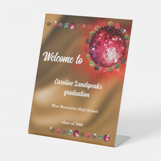 Chic Typo on Gold Foil with Red Disco Ball Pedestal Sign (Front)