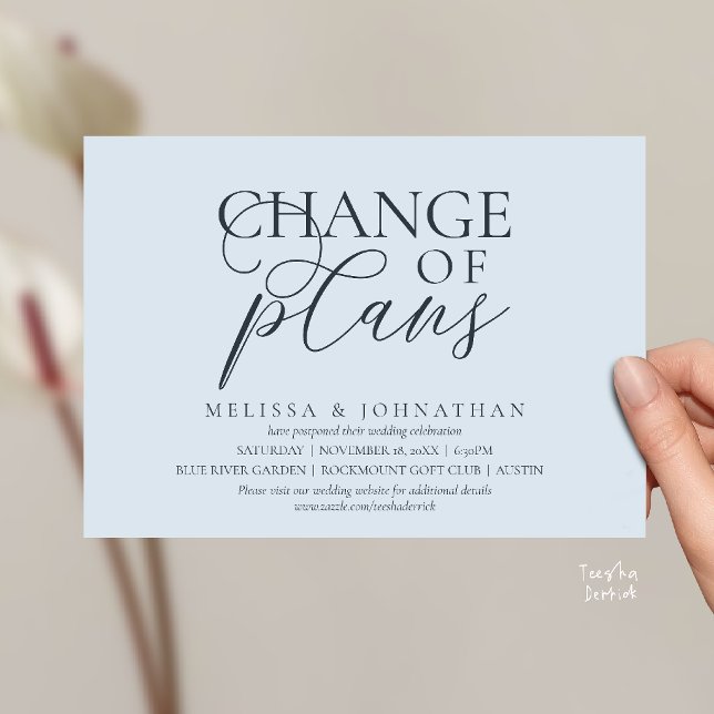Chic Typographic Wedding Postpone Change of plans Invitation (Chic Typographic Wedding Postponement Change of plans Date Changed Invitation Card in Misty Blue)