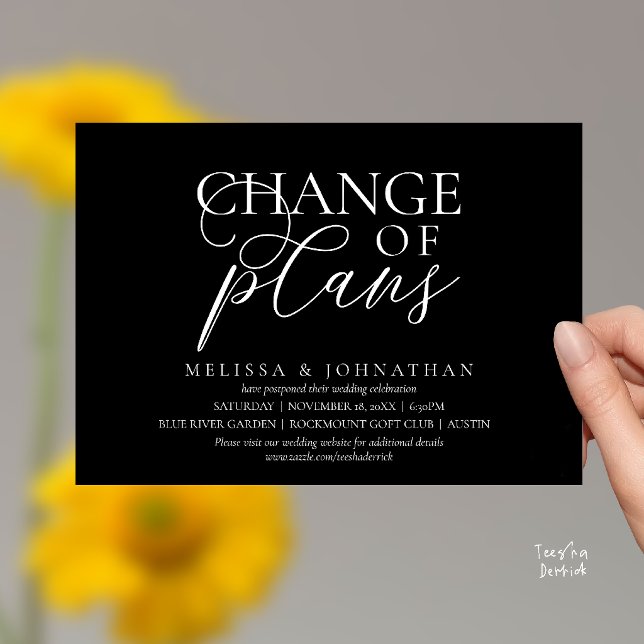 Chic Typographic Wedding Postpone Change of plans Invitation (Chic Typographic Wedding Postponement Change of plans Date Changed Invitation Card in Classy Black)