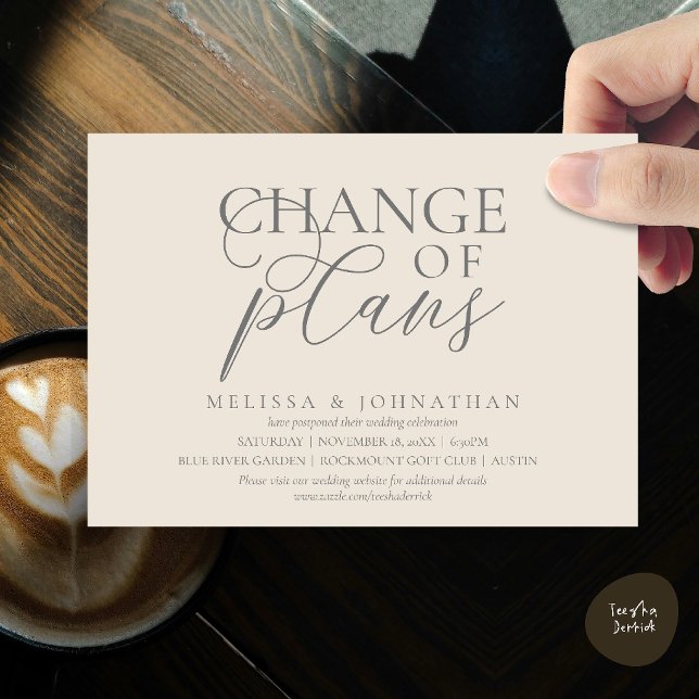 Chic Typographic Wedding Postpone Change of plans Invitation (Chic Typographic Wedding Postponement Change of plans Date Changed Invitation Card in Cream Grey)