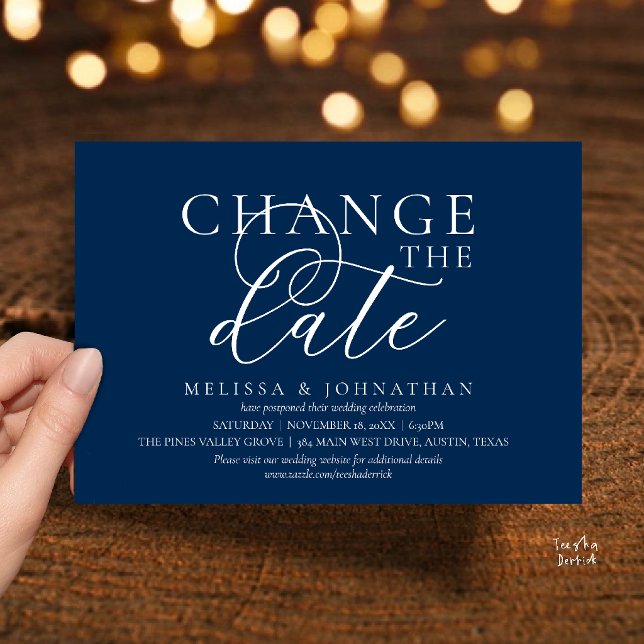 Chic Typographic Wedding Postpone Change the date Invitation (Chic Typographic Wedding Postpone Postponement Change the date Invitation card in navy blue)
