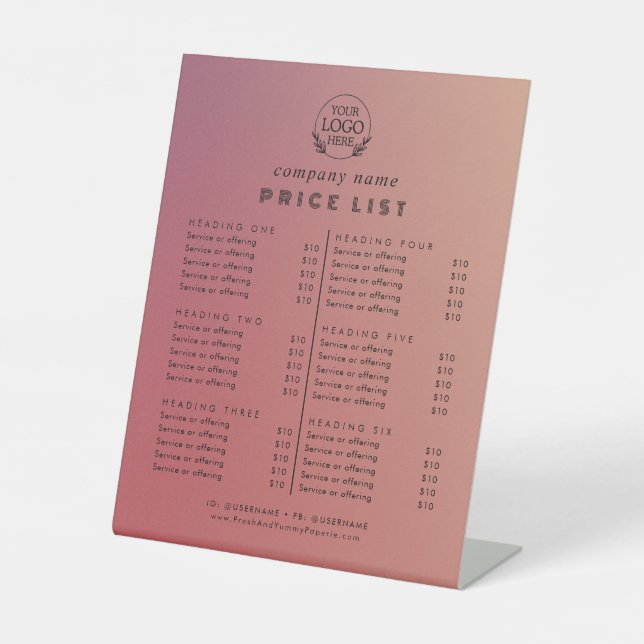 Chic Typography Business Services Price List Pedestal Sign (Front)