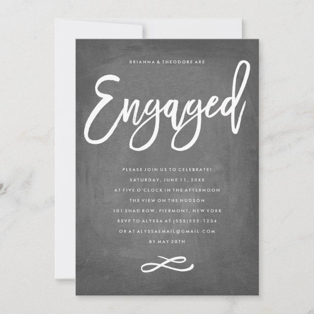 Chic Typography Chalkboard Engaged Engagement Invitation (Front)