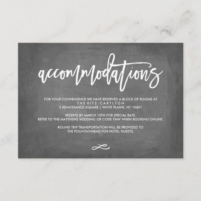 Chic Typography Chalkboard Wedding Accommodations Enclosure Card (Front)