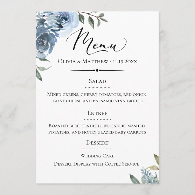 Chic Typography Dusty Blue Botanical Wedding Menu (Front)