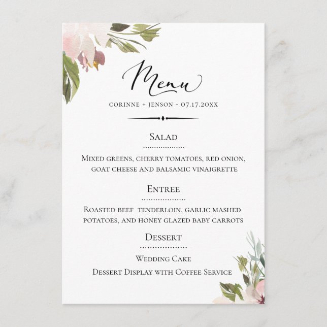 Chic Typography Dusty Mauve Botanical Wedding Menu (Front)