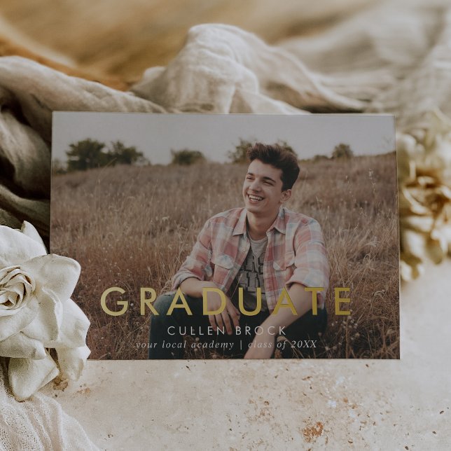 Chic Typography Gold Foil Photo Grad Announcement (Creator Uploaded)