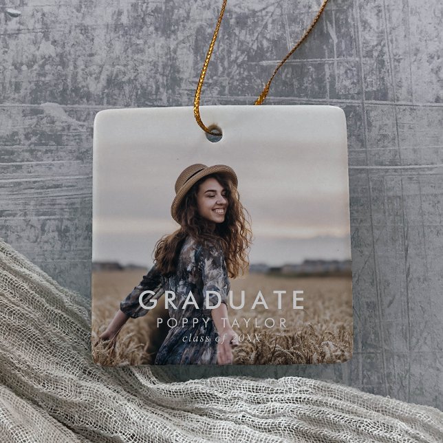 Chic Typography Grad Photo Graduation Christmas Ceramic Ornament (Creator Uploaded)