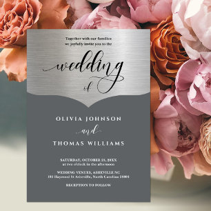 Chic Typography Grey Metallic Silver Wedding Invitation