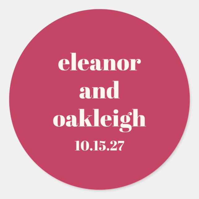 Chic Typography Magenta Red Ivory Custom Wedding Classic Round Sticker (Front)
