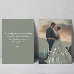 Chic Typography Sage Green Wedding Photo Thank Card