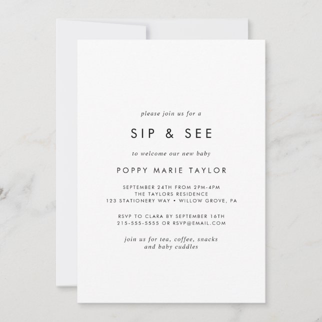 Chic Typography Sip and See Invitation (Front)