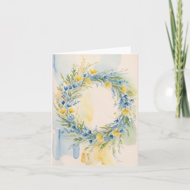 Chic Ukraine Flag Inspired Wreath Watercolor Card (Front)