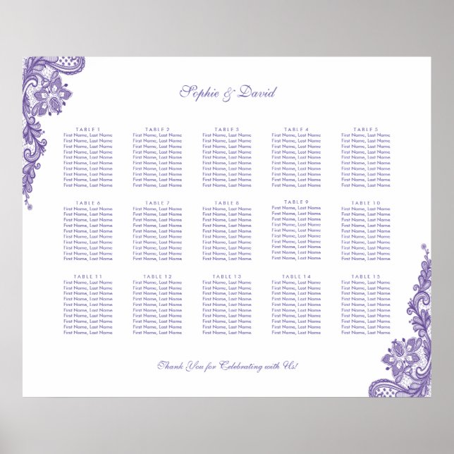 Chic Ultra Violet Lace Wedding Seating Chart (Front)