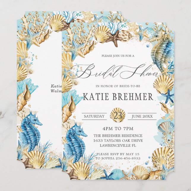 Chic Under the Sea Mermaid Bridal Shower Blue Gold Invitation (Front/Back)
