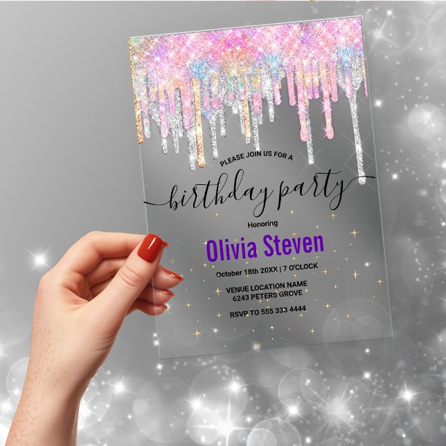 Chic unicorn drips glitter monogram birthday  acrylic invitations (Creator Uploaded)