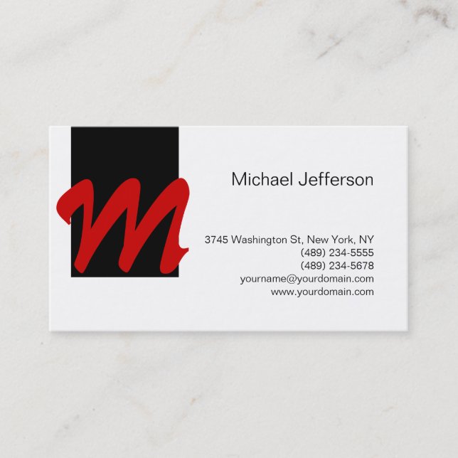 Chic Unique Monogram Black White Red Business Card (Front)