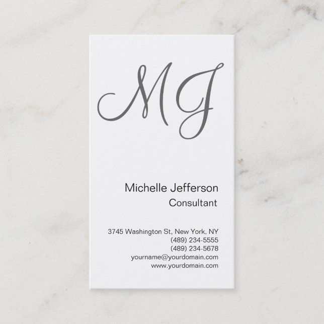 Chic Unique Monogram White Grey Business Card (Front)