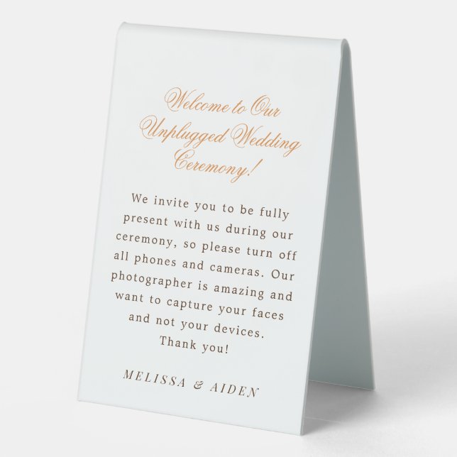 Chic Unplugged Wedding Ceremony Table Tent Sign (Back)