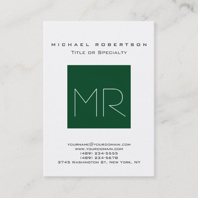 Chic Up Forest Green Monogram White Business Card (Front)
