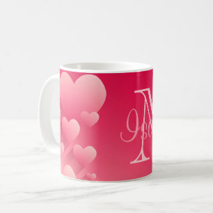 Chic Valentine Pink Hearts Red Name Monogram Mug