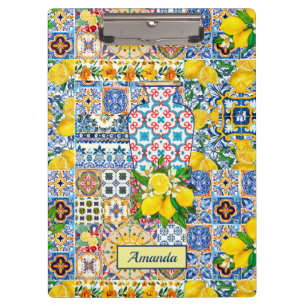 Chic Vase Mediterranean orange tiles monogram Clipboard