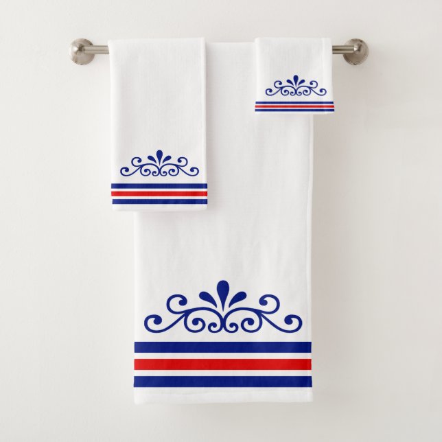 Chic Vector Ornament & Blue Red Stripes on White B Bath Towel Set (Insitu)