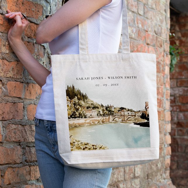 Chic Verona Adige River Italy Watercolor Wedding Tote Bag (Creator Uploaded)
