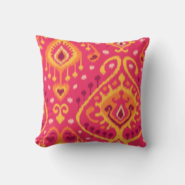 Chic vibrant pink and orange tribal ikat print cushion (Front)