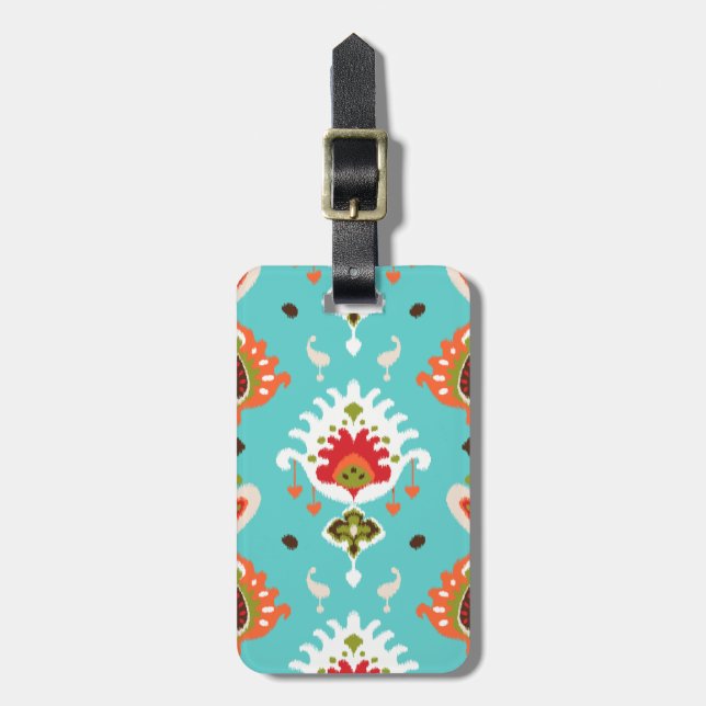 Chic vibrant turquoise  tribal ikat print luggage tag (Front Vertical)