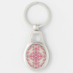 Chic Victorian Style Floral Damask Pattern Pink Key Ring