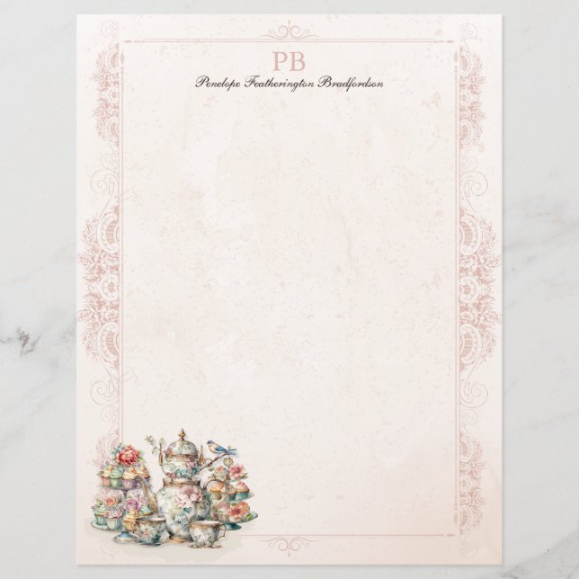 Chic Victorian Tea Monogrammed Stationery Paper (Front)