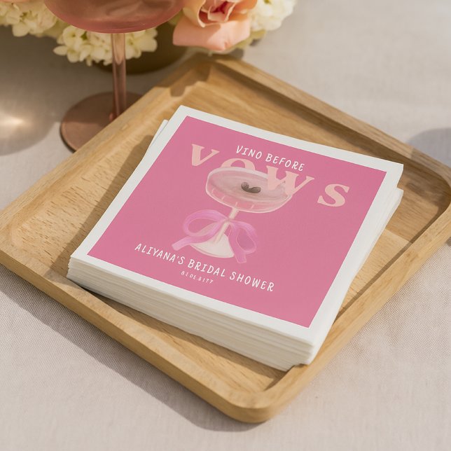 Chic Vino Before Vows Pink Wine Bow Bridal Shower Napkin (Creator Uploaded)