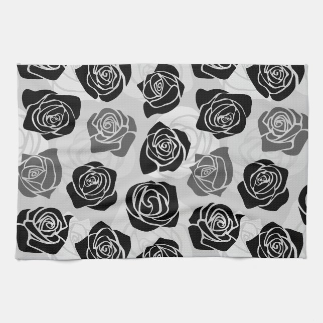 Chic Vintage black and white roses Tea Towel (Horizontal)