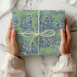 Chic Vintage Blue Green French Country Toile Wrapping Paper