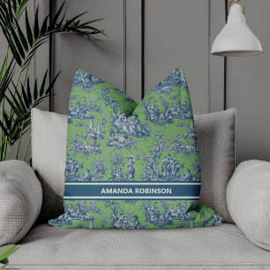 Chic vintage blue green toile de jouy printed cushion