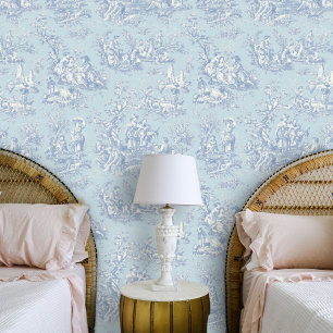 Chic Vintage Blue Grey Toile de Jouy Scenic Wallpaper
