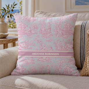 Chic vintage blue pink toile de jouy printed cushion