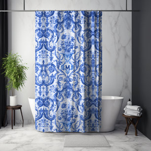 Chic vintage Blue toile de jouy monogram  Shower Curtain