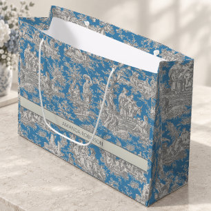 Chic Vintage Blue Turquoise Toile de Jouy Pattern Large Gift Bag