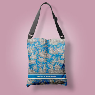 Chic vintage blue turquoise toile de jouy printed crossbody bag