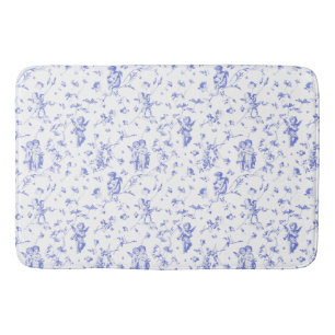 Chic Vintage Cupid Angels Floral Blue White Toile Bath Mat