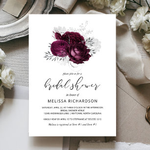 Chic Vintage Floral Burgundy Silver Bridal Shower Invitation