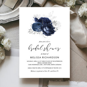 Chic Vintage Floral Navy Blue Silver Bridal Shower Invitation