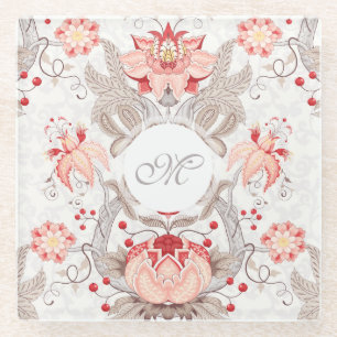 Chic Vintage Floral Pattern damask Monogram Glass Glass Coaster